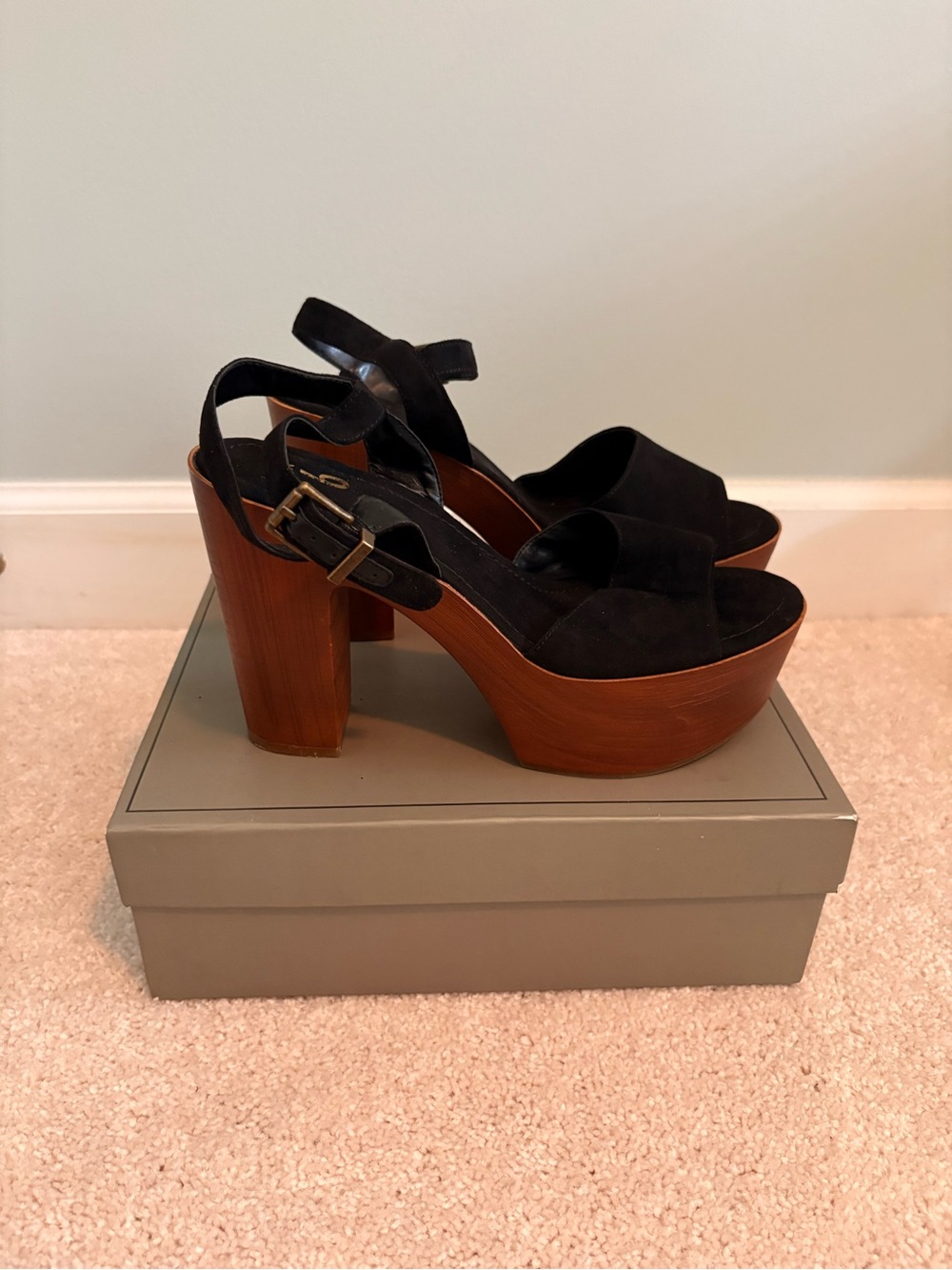 Mix No. 6 Black Suede Platform Sandals with Wood-Effect Block Heel